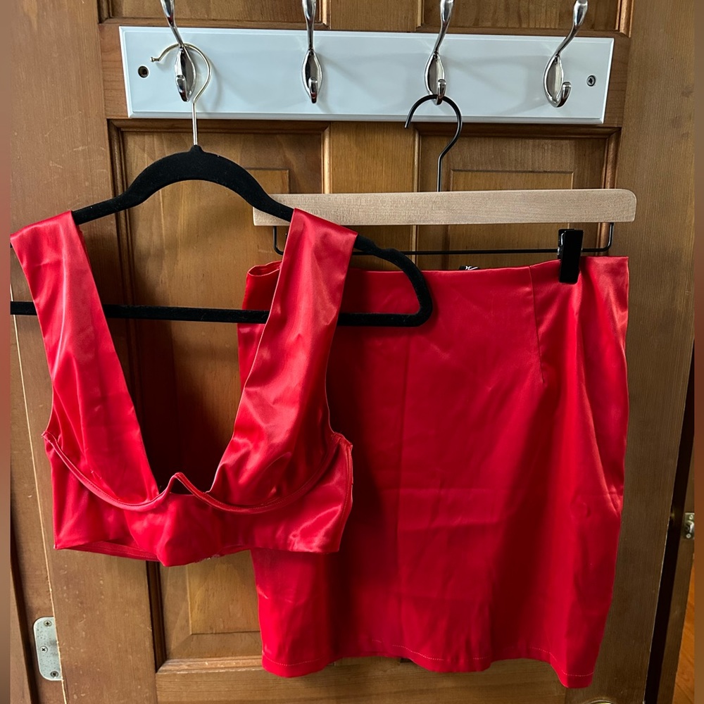 Satin red sexy two piece skirt set